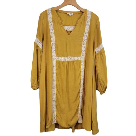 Umgee Womens Mini Dress Tunic Mustard Yellow Embroidered Sz M Hippie Peasant EUC - Picture 1 of 9